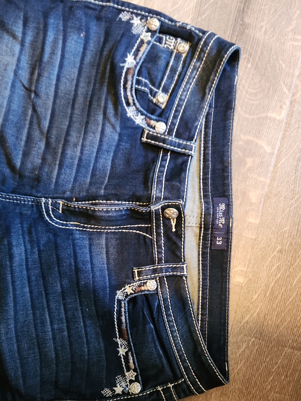 Miss Me Dark Blue Bootcut Jeans with Embroidered Star Pockets